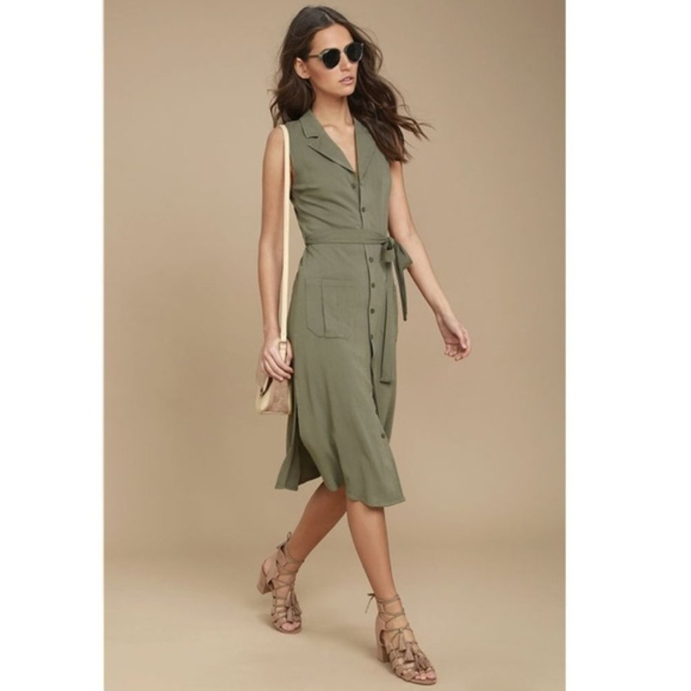 Lulu's Olive Sleeveless Midi Shirt Dress